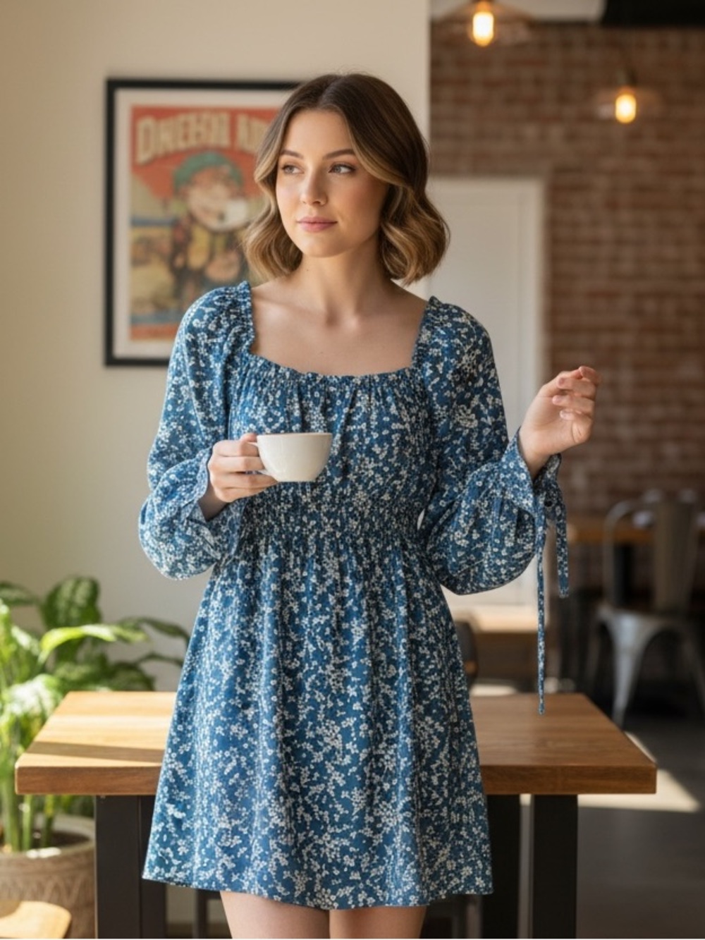 Inspire Blue Floral Smocked Dress with White Print